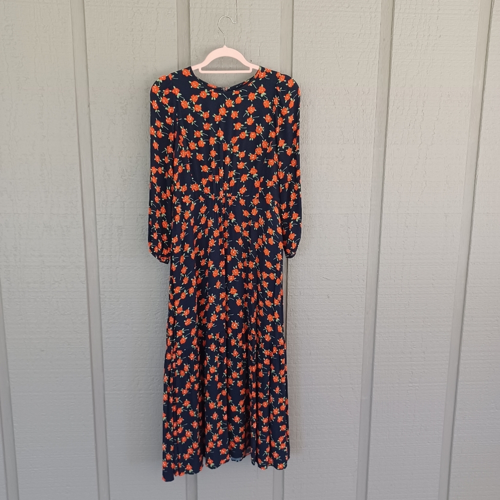 J Crew Flowy Tiered Midi Dress Size 4 Women Preppy Floral Pocket In Poppy Fields